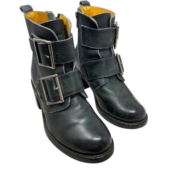 Frye Sabrina Black Leather Double Buckle Ankle Boots‎ - Picture 6 of 12